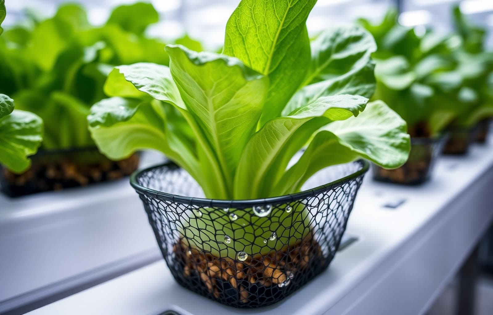 Hydroponic lettuce growing in a net pot with visible roots and water droplets